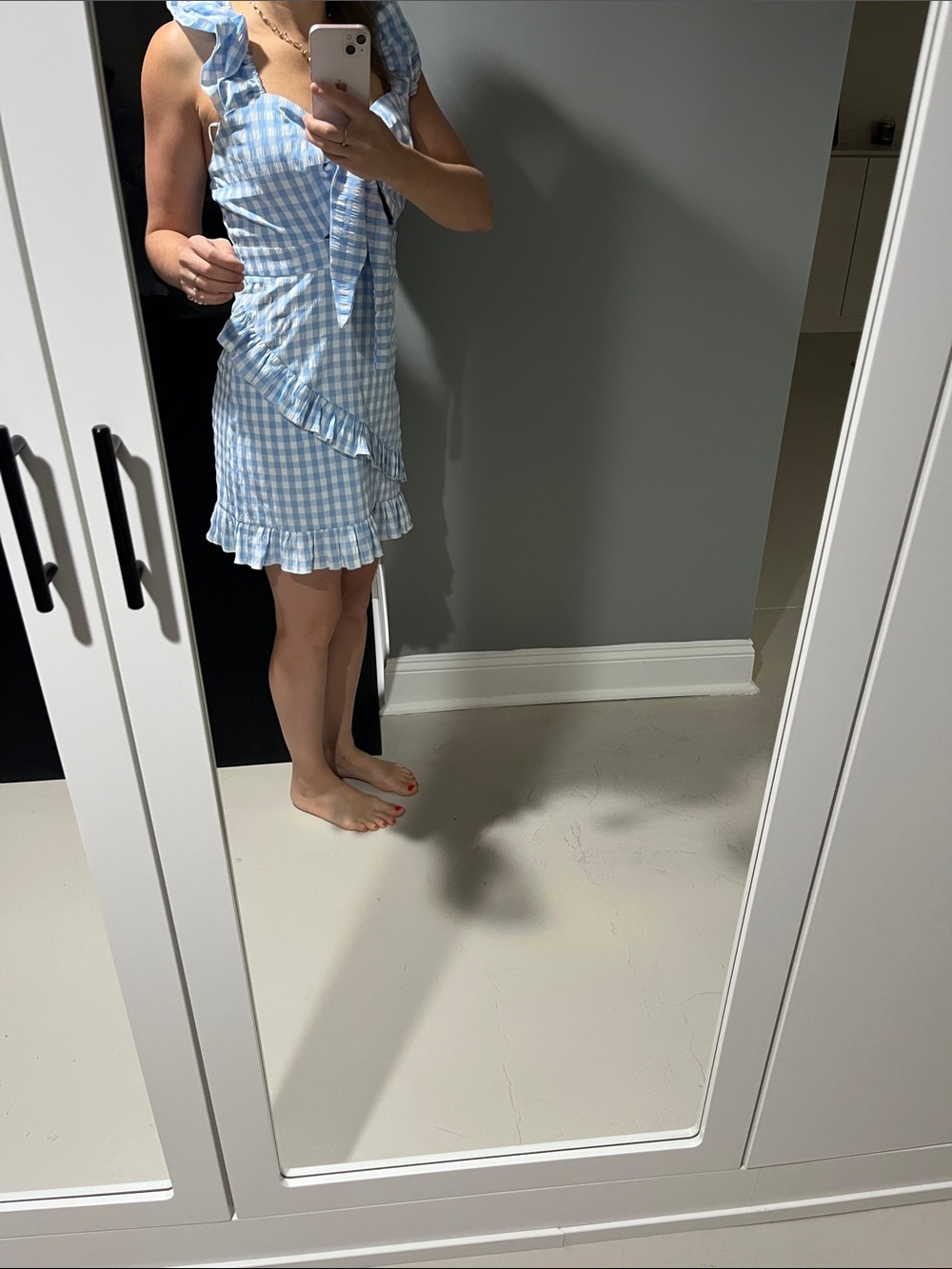 Light Blue Gingham Ruffle Mini Dress